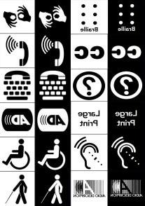 包含盲文符号/标志的图形, Sign Language, 字幕, Large Print, 辅助设备, Handicap symbol, 音频描述, 用白色手杖或手杖走路的人.